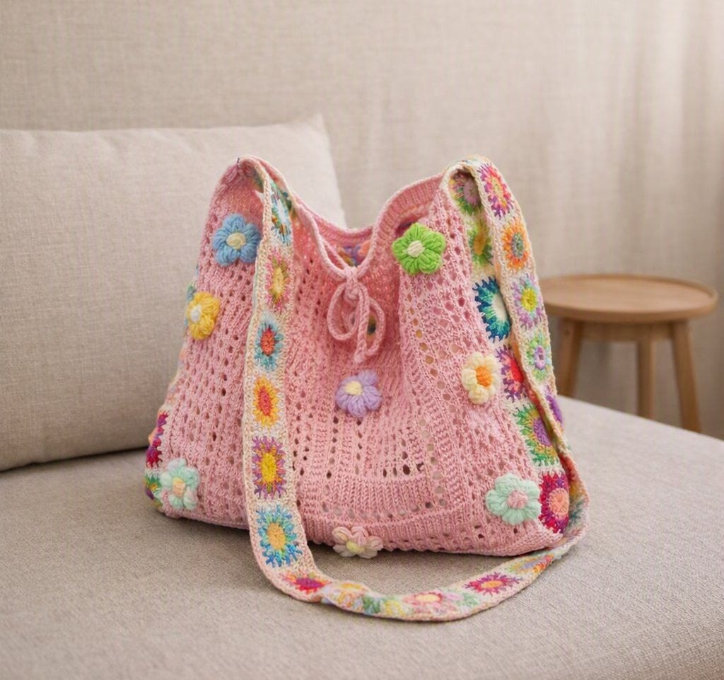 Borsa rosa in tessuto all'uncinetto