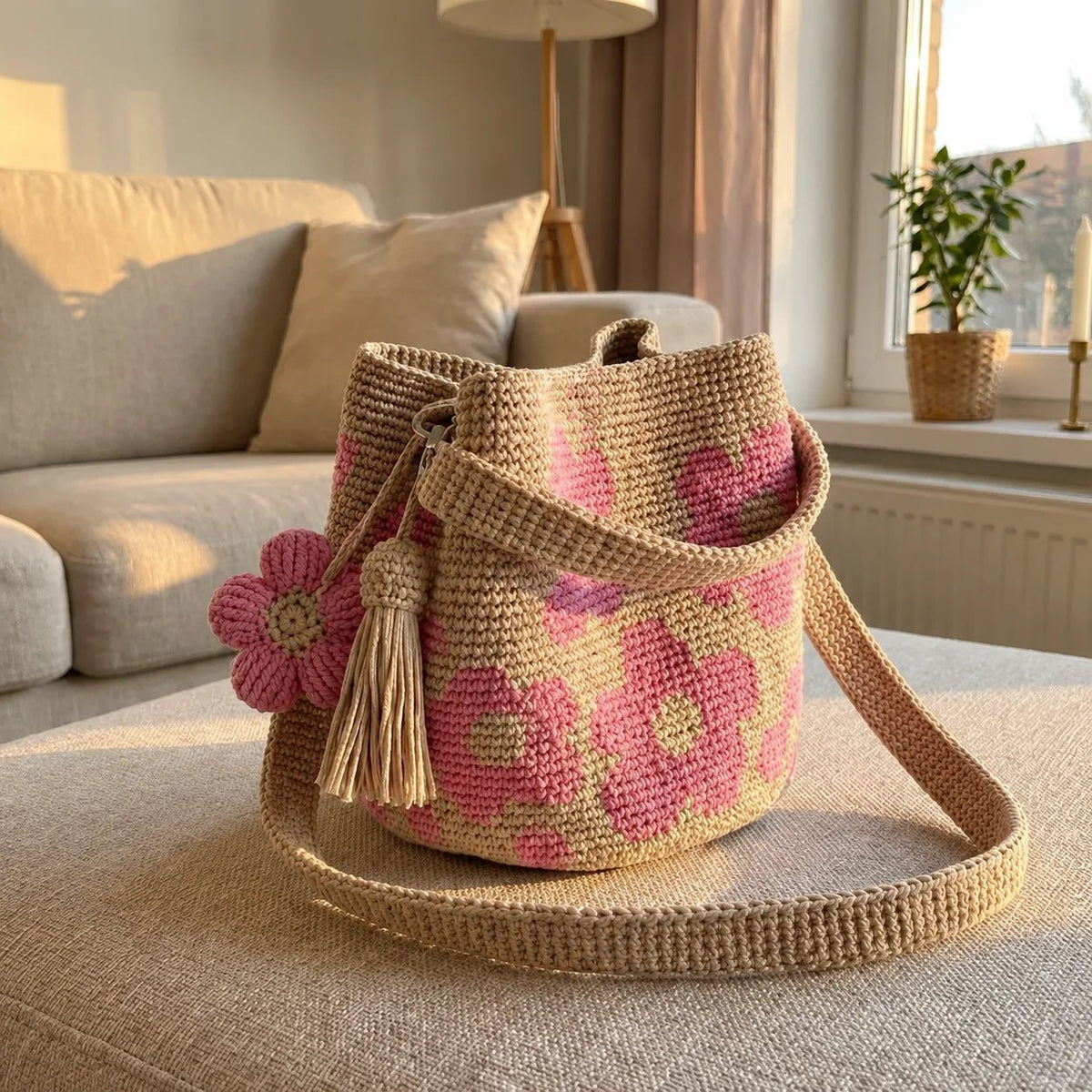 Borsa a fiori lavorata rosa su un divano