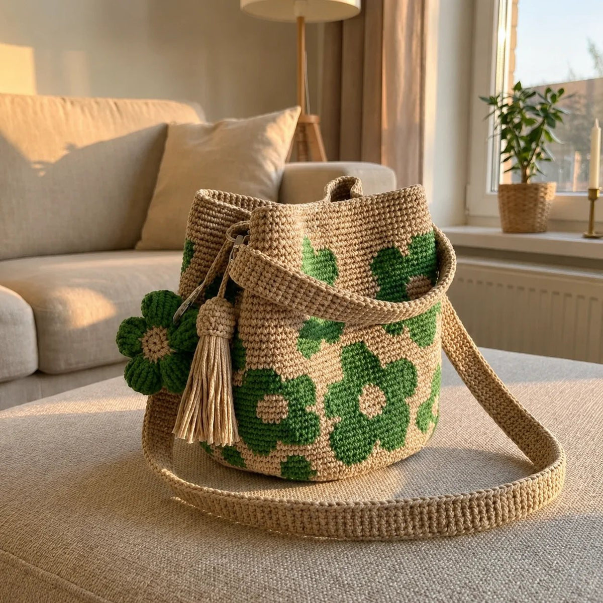 Borsa a fiori lavorata verde su un divano