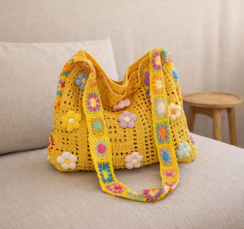 Borsa gialla in tessuto all'uncinetto